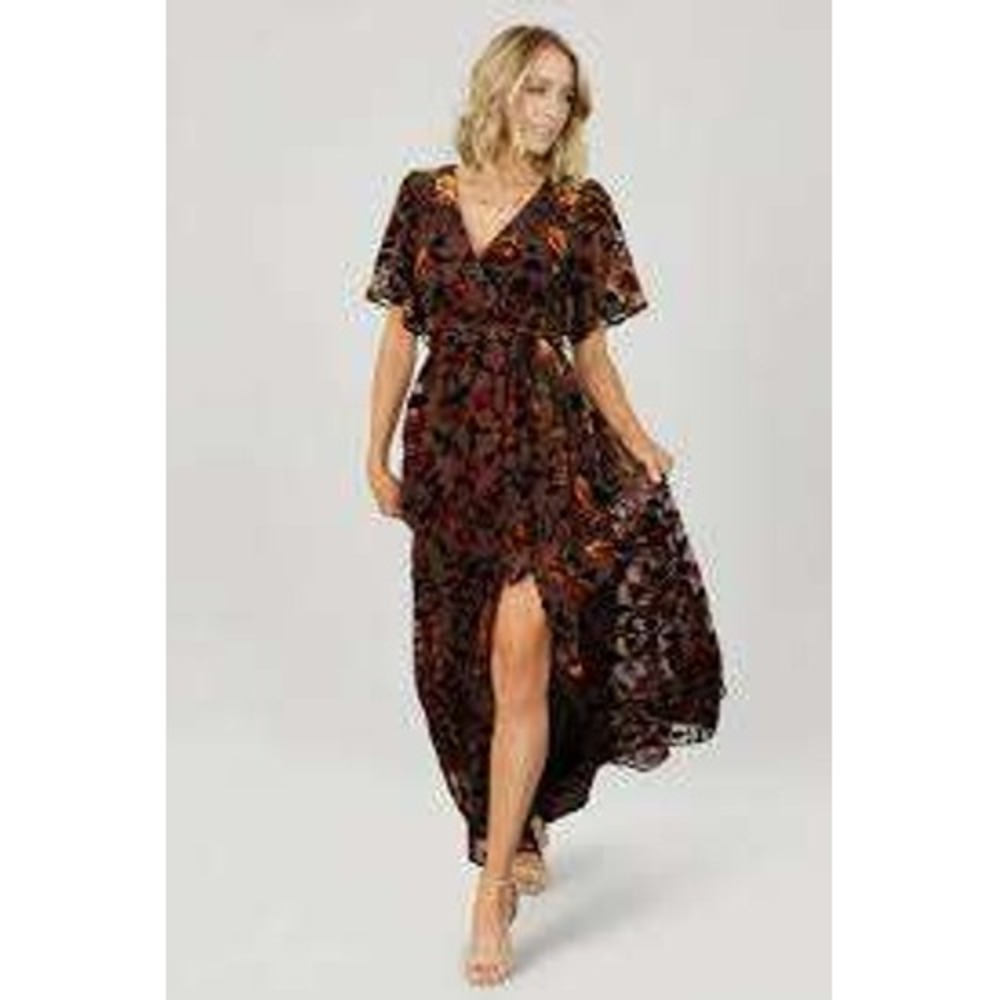 Baltic Born Purple Floral Velvet Maxi Wrap Dress Short Sleeve Plum Pink Small